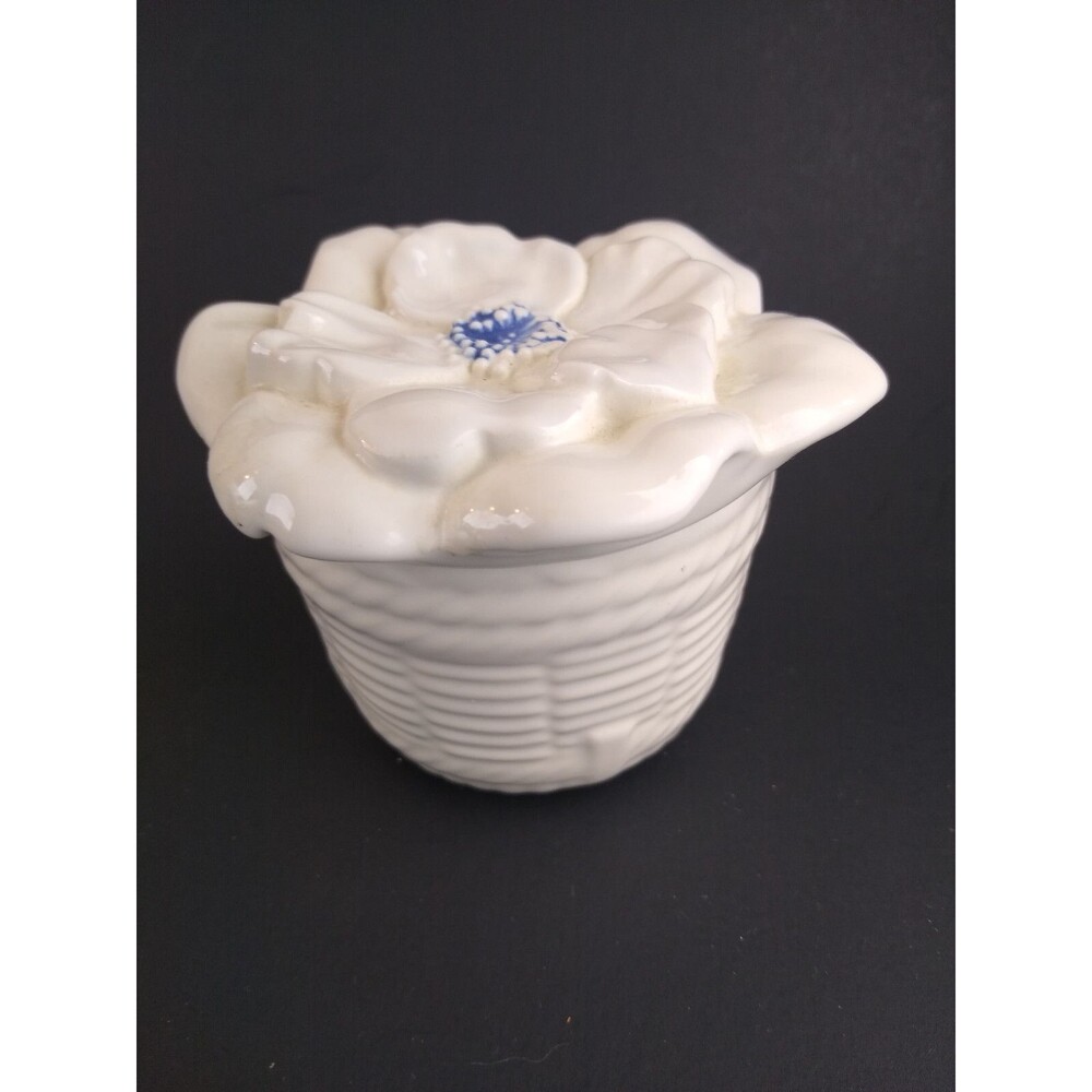 Vintage Trinket Dish w Lid Candle Holder White Basket Weave Floral Ceramic